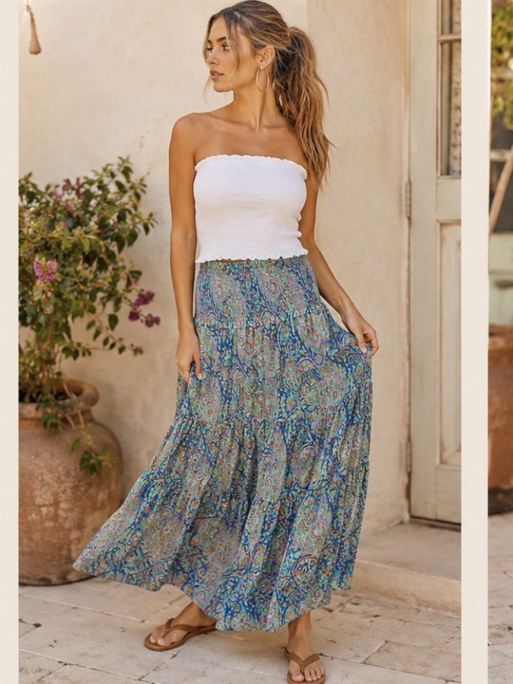 Lauren Ralph Lauren Vintage Maxi Skirt M Blue Paisley Tiered Cotton Boho Peasant